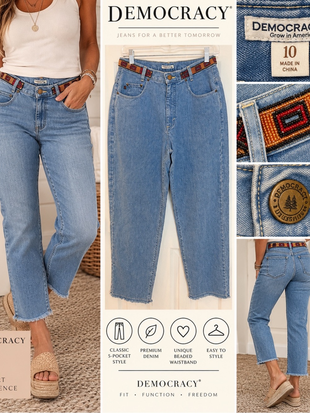 Democracy Women’s Jeans Size 10 Light Wash Beaded Waistband Cropped Frayed Hem